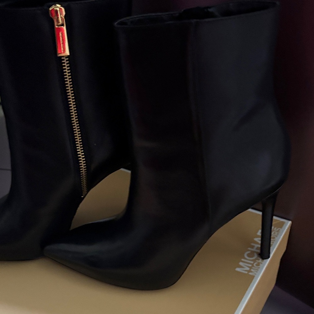 Michael Kors Black Heeled Boots with Gold Zipper Leona bootie